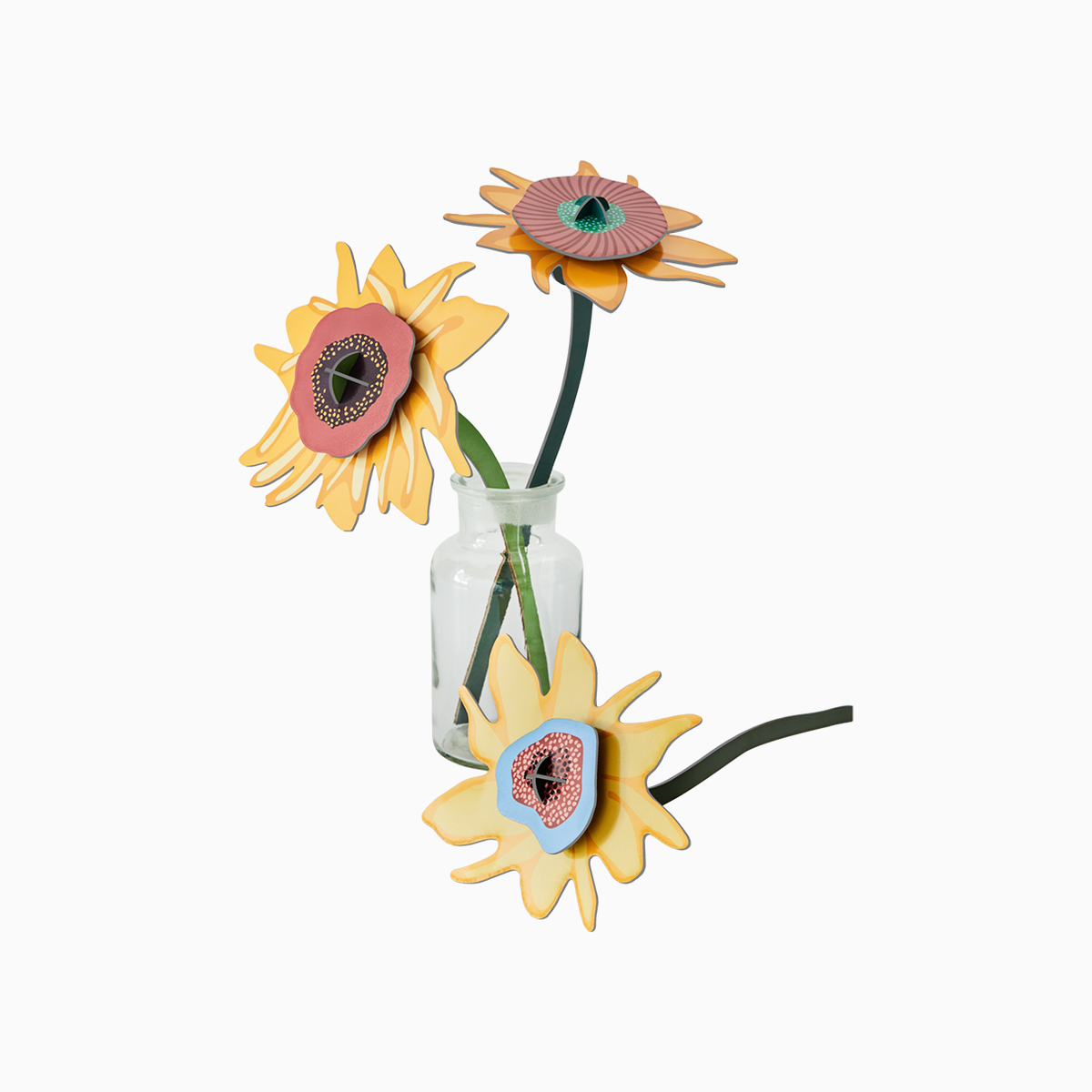 Assembled Van Gogh Sunflowers cardboard bouquet with three yellow sunflowers in a clear glass bottle