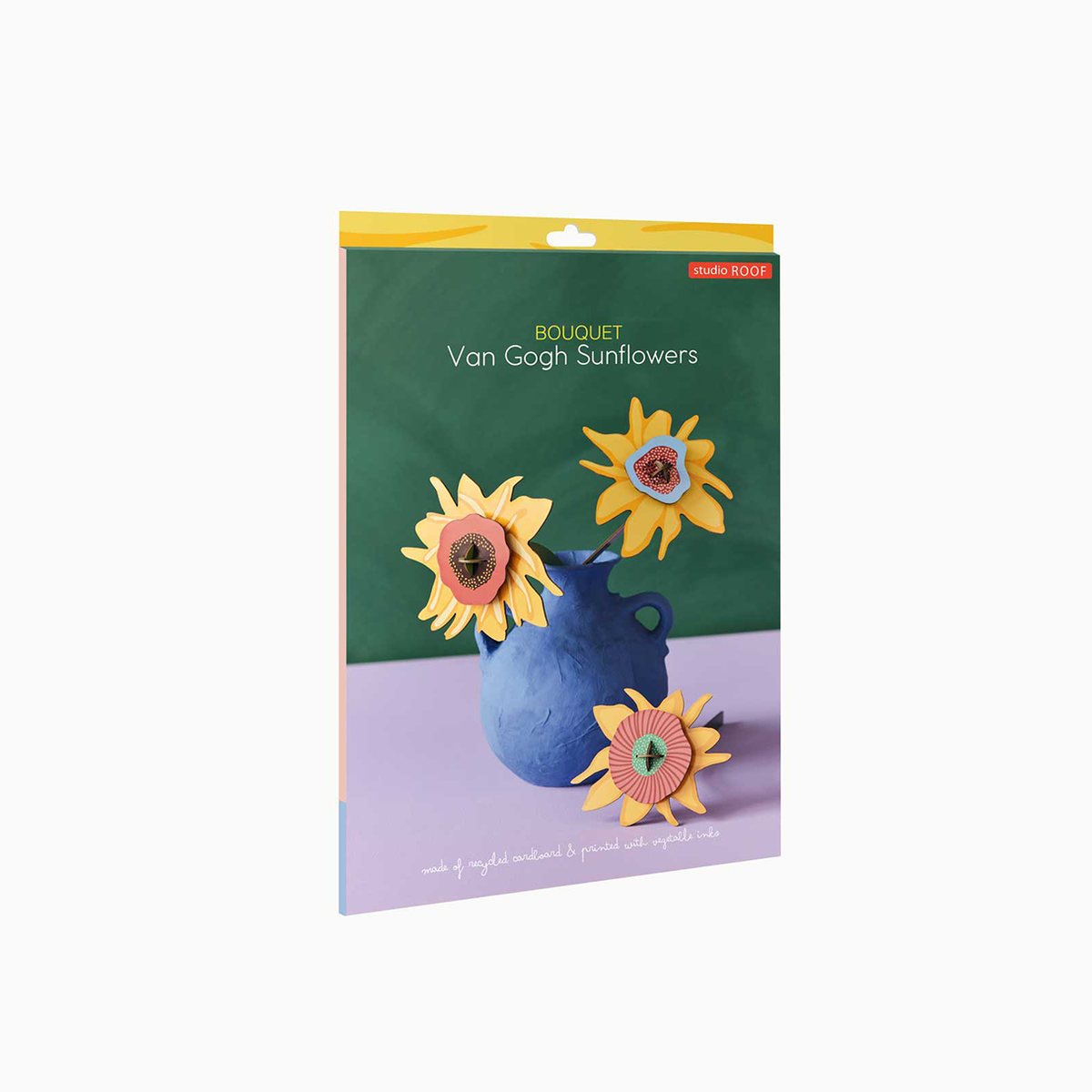 Studio ROOF Van Gogh Sunflowers Bouquet package showing three cardboard sunflowers in a blue vase
