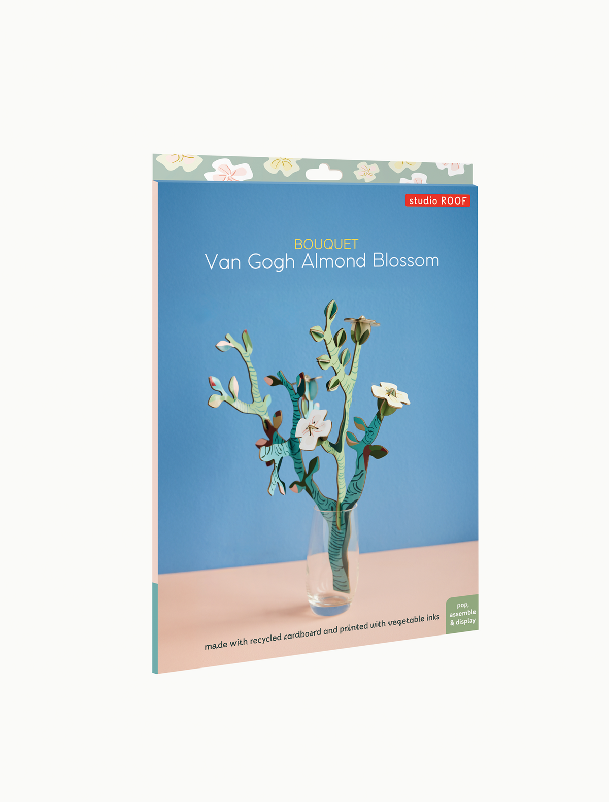 Studio ROOF Van Gogh Almond Blossom Bouquet package showing cardboard almond branches in a glass vase on blue