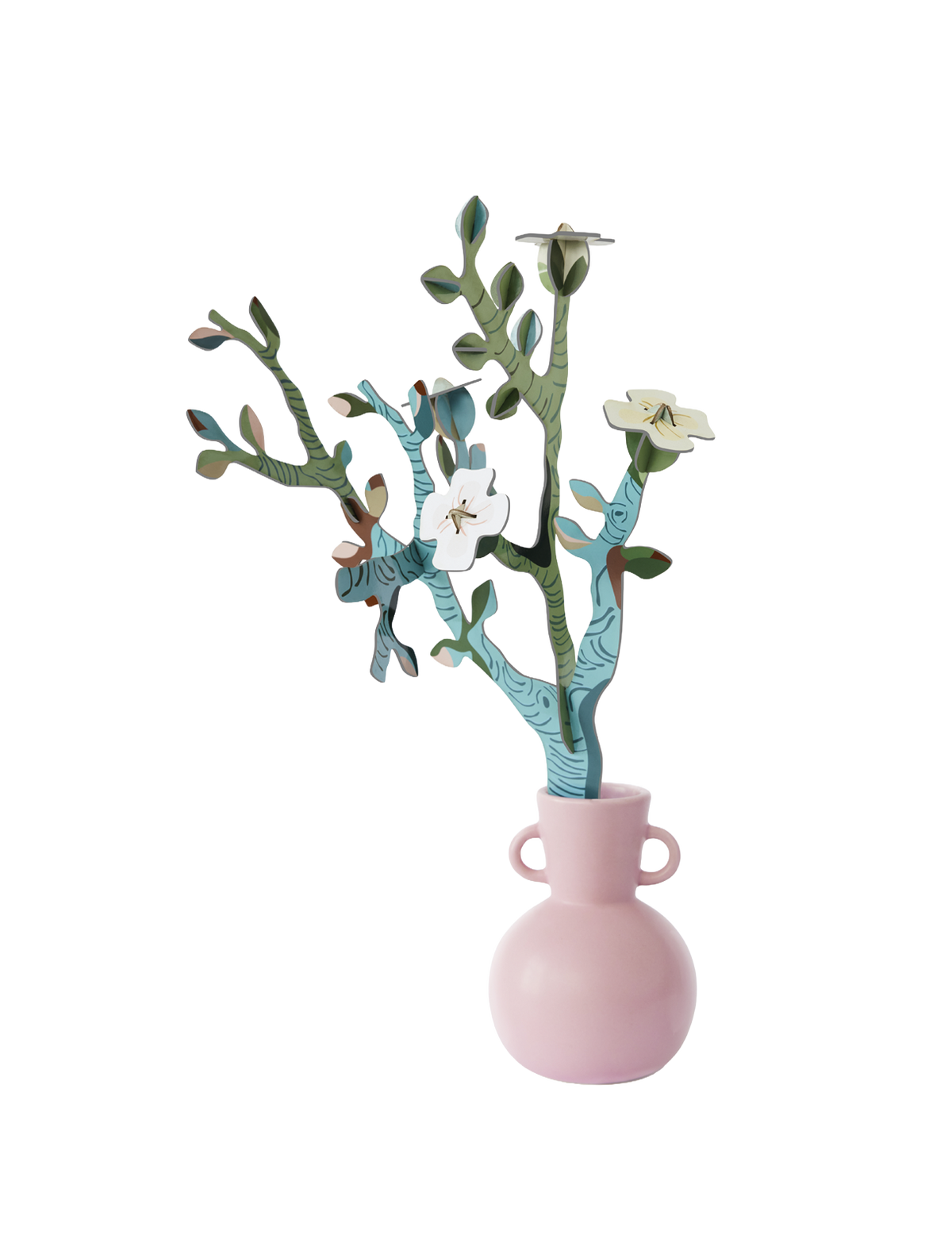 Assembled Van Gogh Almond Blossom cardboard branches with white blossoms in a pink vase