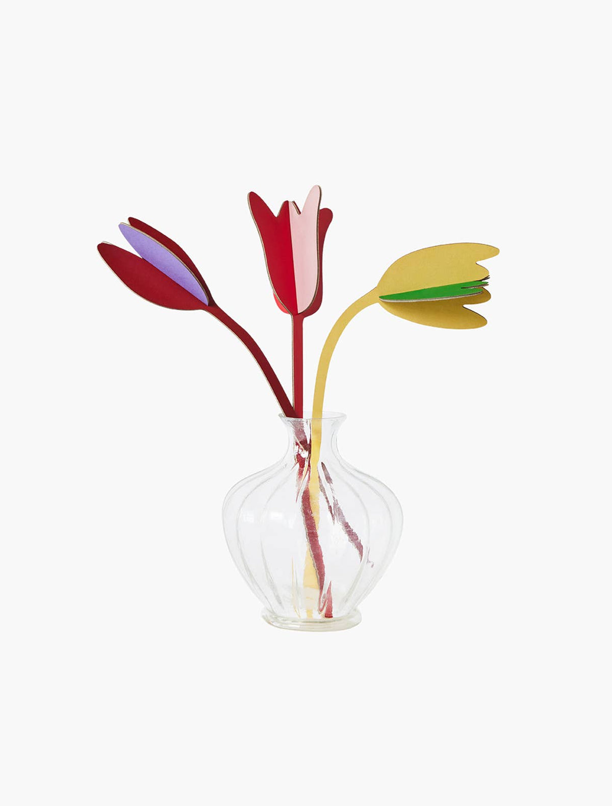 Assembled Tulip Love cardboard bouquet with red, purple and yellow tulips in a clear glass vase